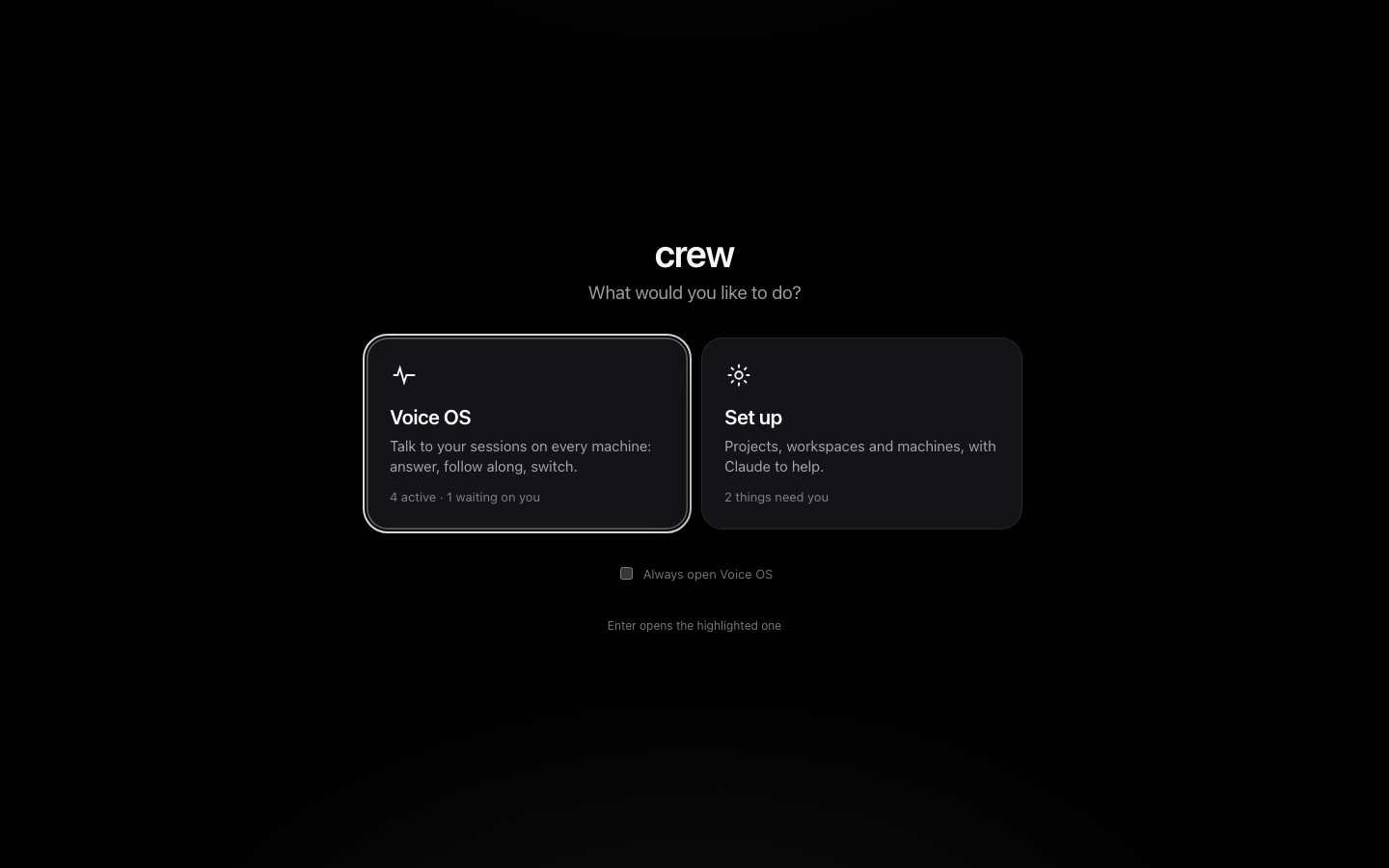 Home: Voice OS and Set up side by side, each with a line on what is going on there, and "Always open Voice OS" under them