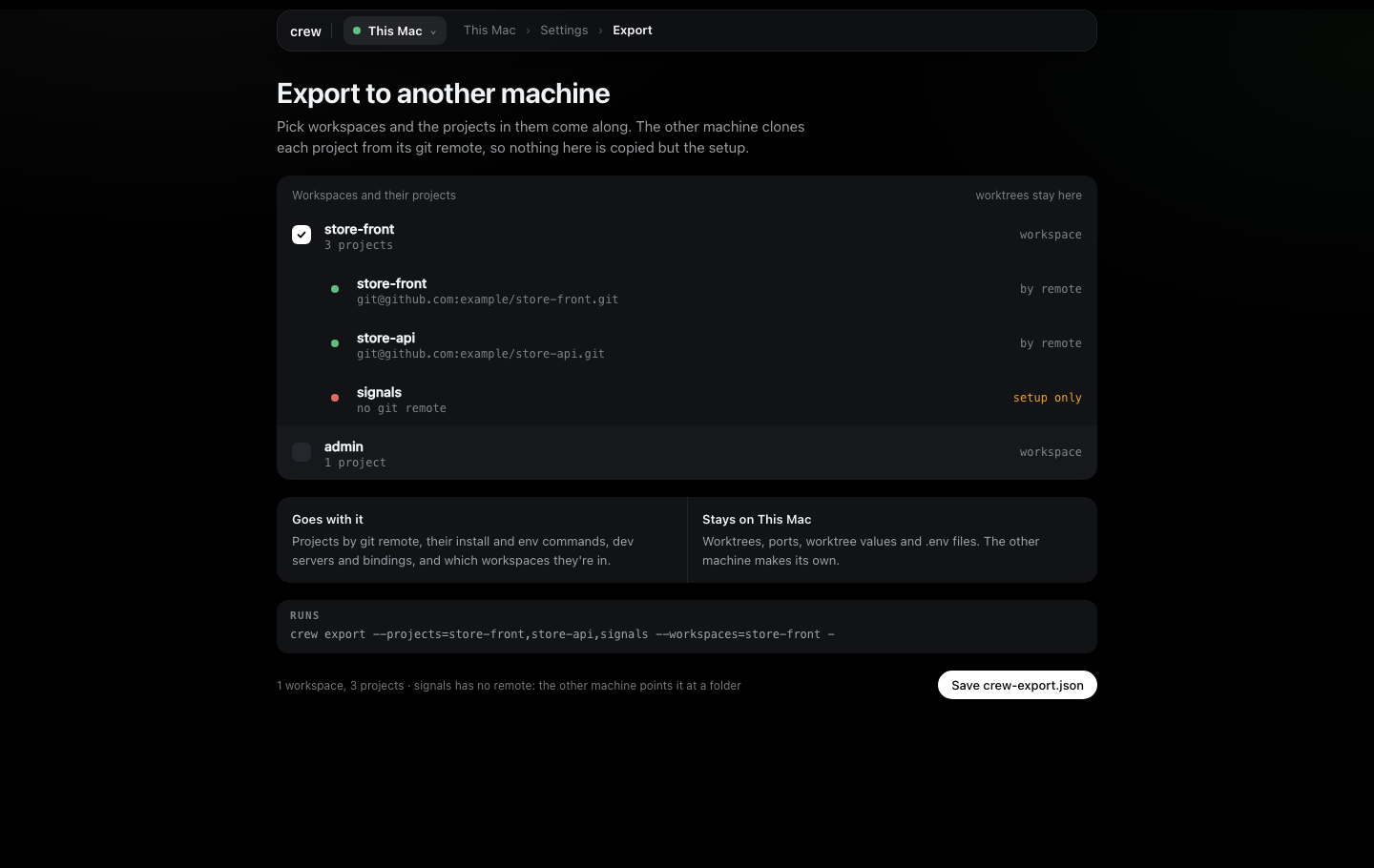 Export: the store-front workspace ticked with its three projects under it, signals marked setup only, admin unticked, and the crew export command