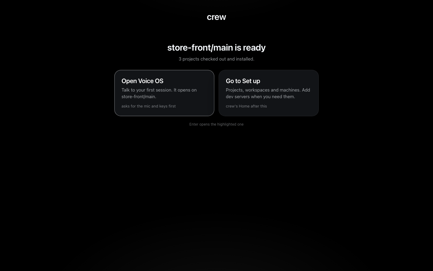 The first run's last screen: store-front/main is ready, with Open Voice OS and Go to Set up
