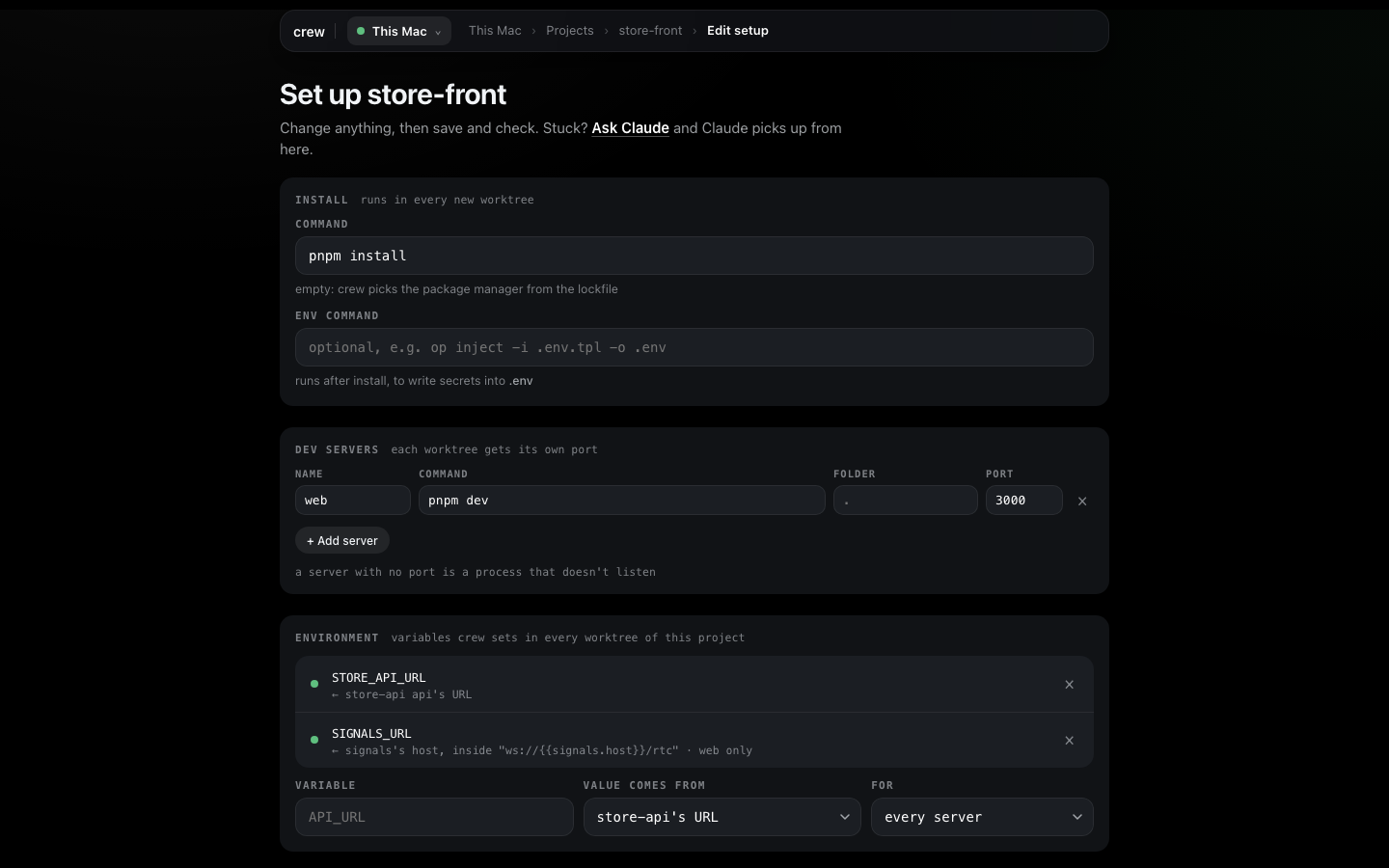 The form for store-front: install command, env command, one dev server "web" on port 3000, and the Environment with two variables