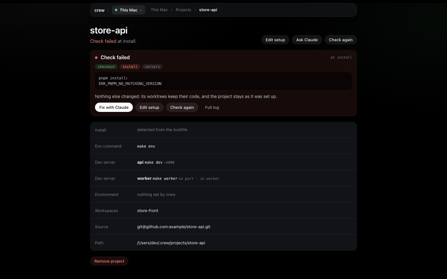 store-api's page: a failed check at install with the pnpm error, Fix with Claude, Edit setup and Check again; under it what crew recorded, one line per fact