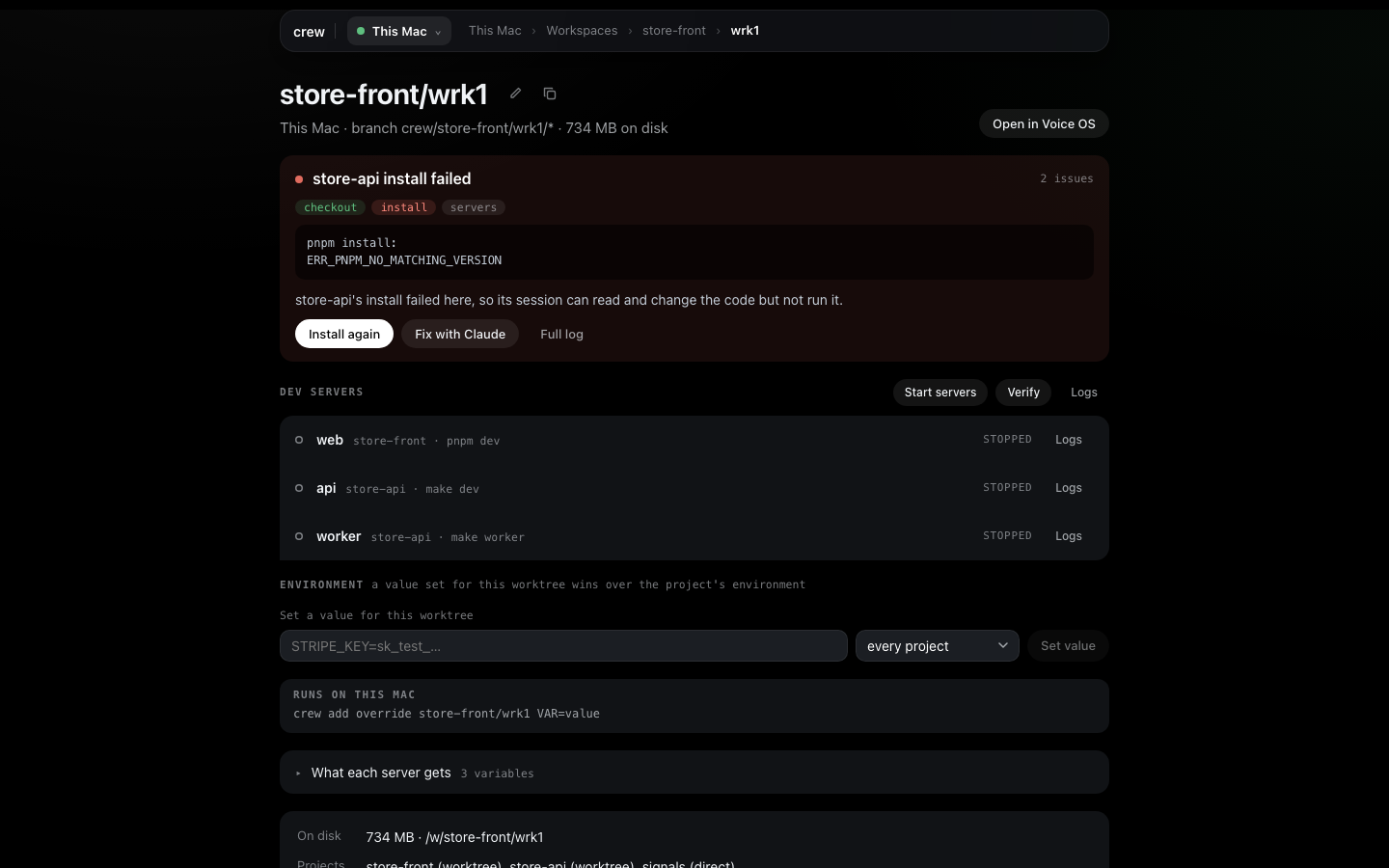 store-front/wrk1: rename and duplicate beside its name, Open in Voice OS; store-api's install failed with its error and Install again; the Dev servers with Start servers, Verify and Logs; its Environment with a value set for this worktree