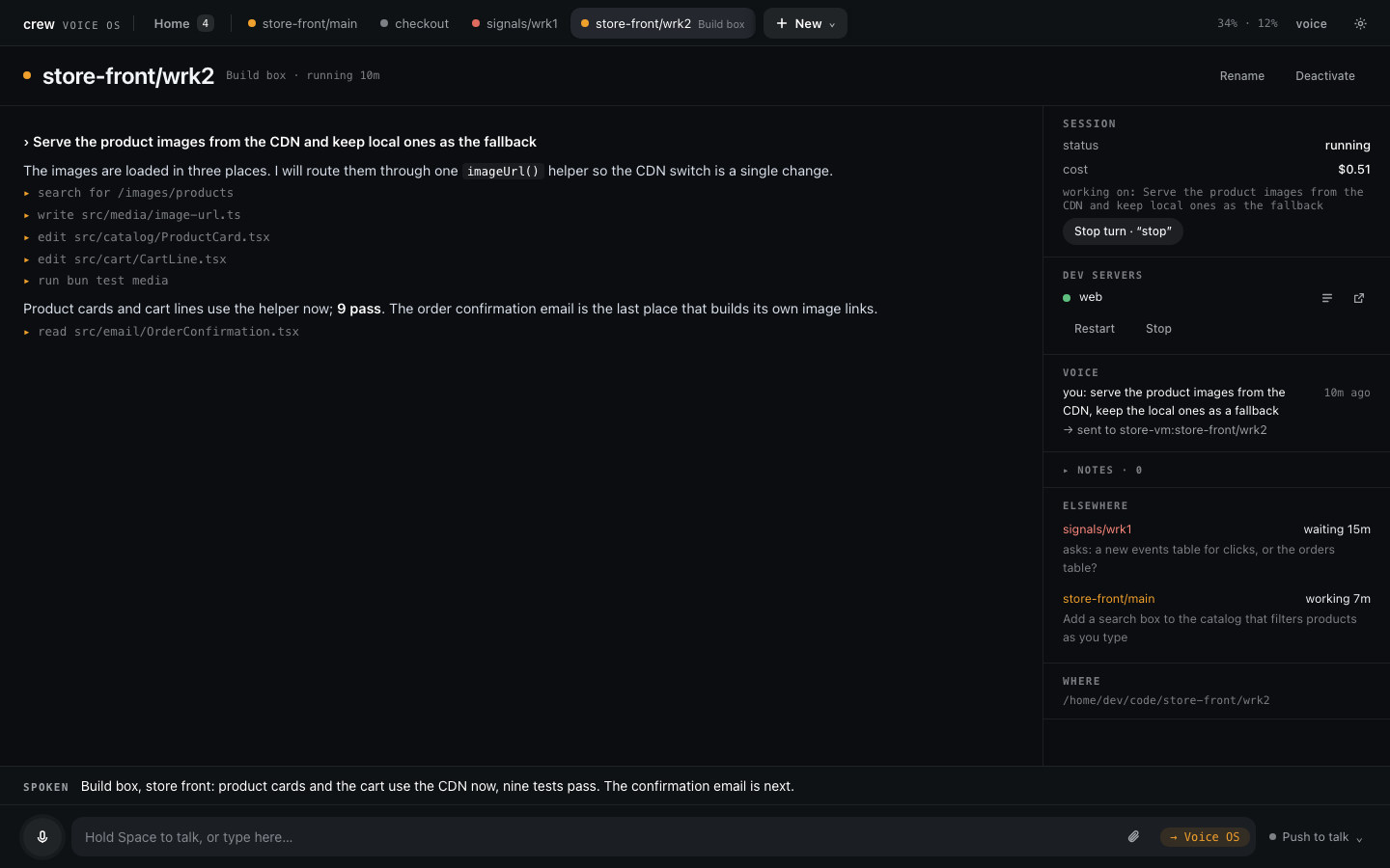 Voice OS: a session on another machine with its work stream, dev servers and spoken summary, and the other active sessions as tabs