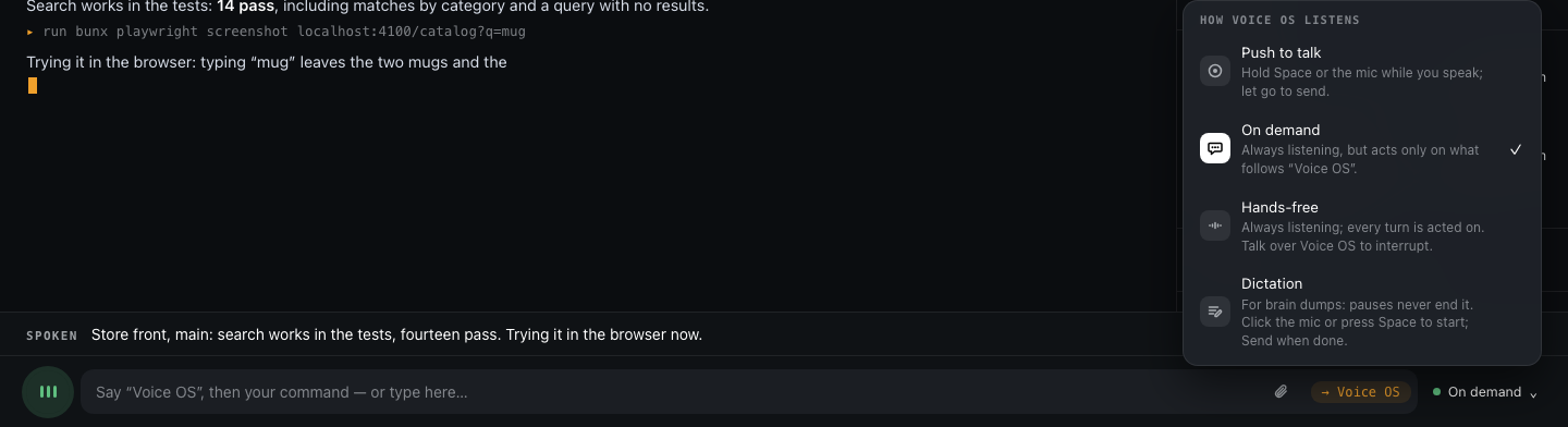 The listening-mode menu: Push to talk, On demand, Hands-free, Dictation